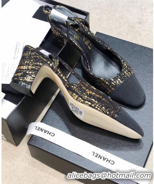 Low Price Chanel Slingbacks In Grosgrain & Tweed G31318 Black/Gold 2020