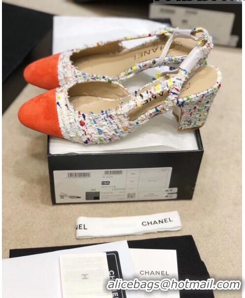 Famous Brand Chanel Slingbacks In Suede & Tweed G31318 White/Orange 2020