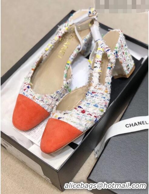 Famous Brand Chanel Slingbacks In Suede & Tweed G31318 White/Orange 2020