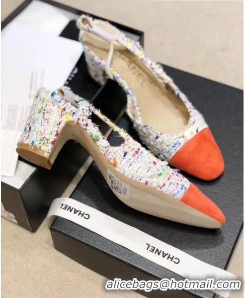 Famous Brand Chanel Slingbacks In Suede & Tweed G31318 White/Orange 2020