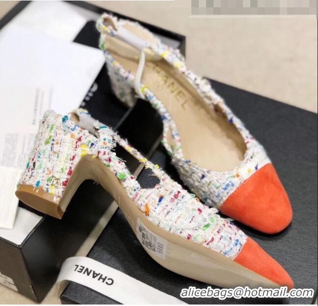 Famous Brand Chanel Slingbacks In Suede & Tweed G31318 White/Orange 2020