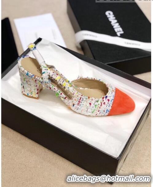 Famous Brand Chanel Slingbacks In Suede & Tweed G31318 White/Orange 2020