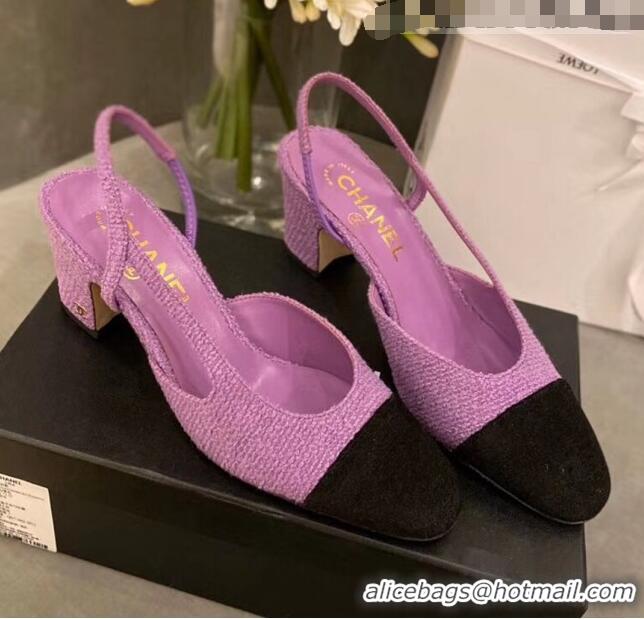 Best Quality Chanel Tweed Slingbacks G31318 Purple/Black 2020