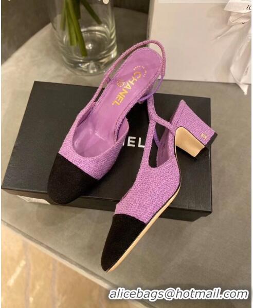 Best Quality Chanel Tweed Slingbacks G31318 Purple/Black 2020