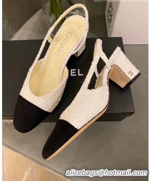 Popular Style Chanel Tweed Slingbacks G31318 Off-White/Black 2020