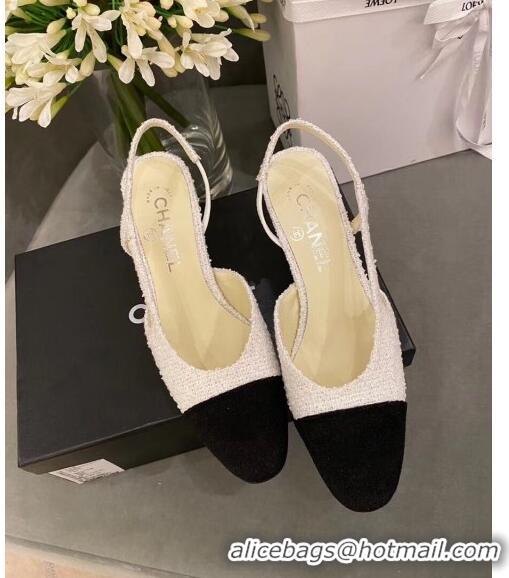 Popular Style Chanel Tweed Slingbacks G31318 Off-White/Black 2020