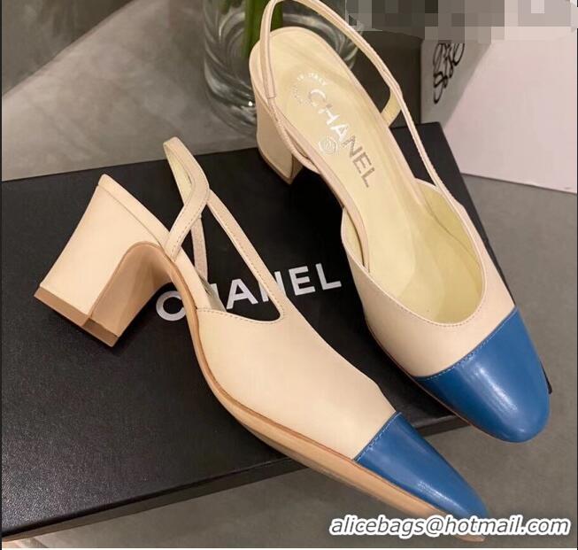 Beautiful Chanel Slingbacks In Calfskin & Grosgrain G31318 Beige/Blue 2020