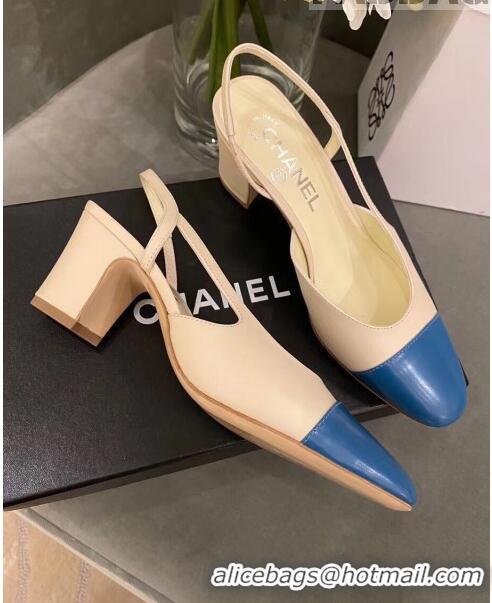 Beautiful Chanel Slingbacks In Calfskin & Grosgrain G31318 Beige/Blue 2020