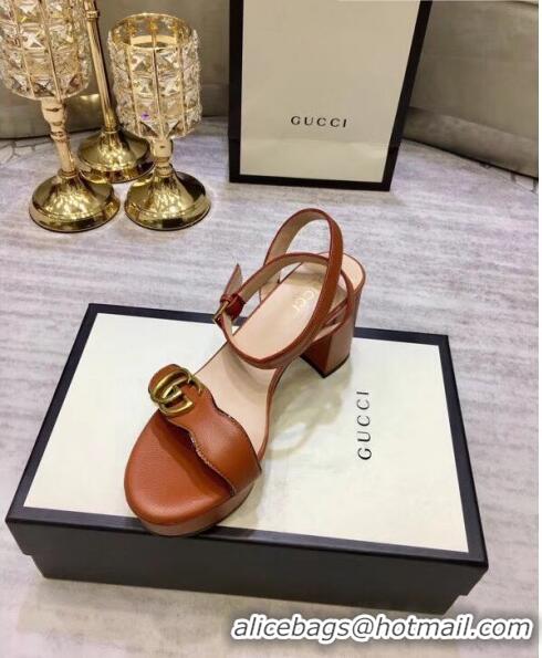 Promotional Gucci Leather Platform Sandal with Double G 573022 Brown 2020