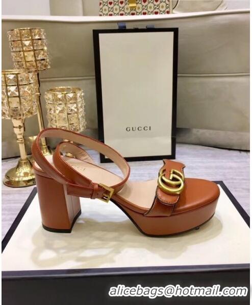 Promotional Gucci Leather Platform Sandal with Double G 573022 Brown 2020