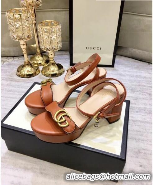 Promotional Gucci Leather Platform Sandal with Double G 573022 Brown 2020