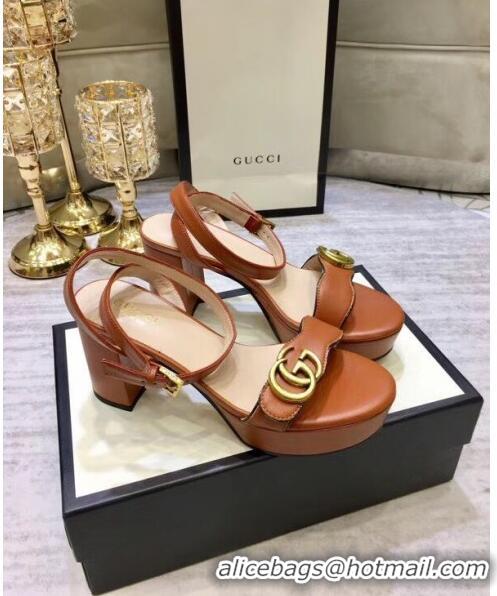 Promotional Gucci Leather Platform Sandal with Double G 573022 Brown 2020