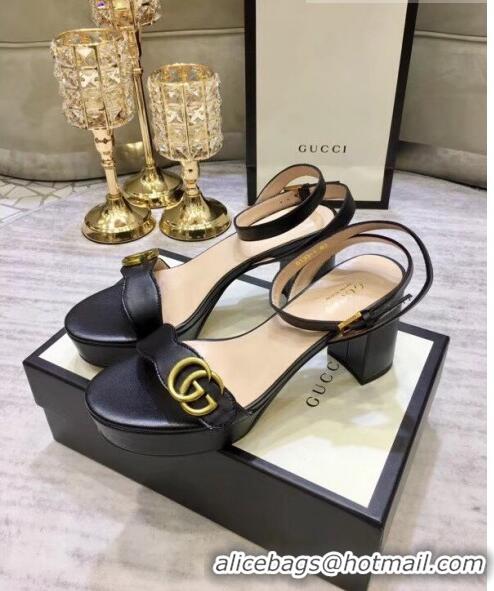 Low Price Gucci Leather Platform Sandal with Double G 573022 Black 2020