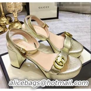 Inexpensive Gucci Leather Platform Sandal with Double G 573022 Light Gold 2020