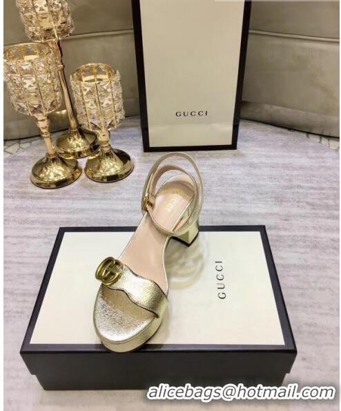 Inexpensive Gucci Leather Platform Sandal with Double G 573022 Light Gold 2020