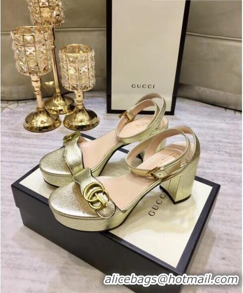 Inexpensive Gucci Leather Platform Sandal with Double G 573022 Light Gold 2020