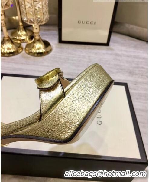 Inexpensive Gucci Leather Platform Sandal with Double G 573022 Light Gold 2020