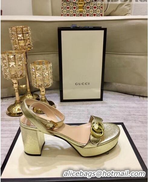 Inexpensive Gucci Leather Platform Sandal with Double G 573022 Light Gold 2020