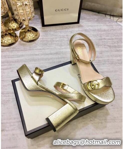 Inexpensive Gucci Leather Platform Sandal with Double G 573022 Light Gold 2020