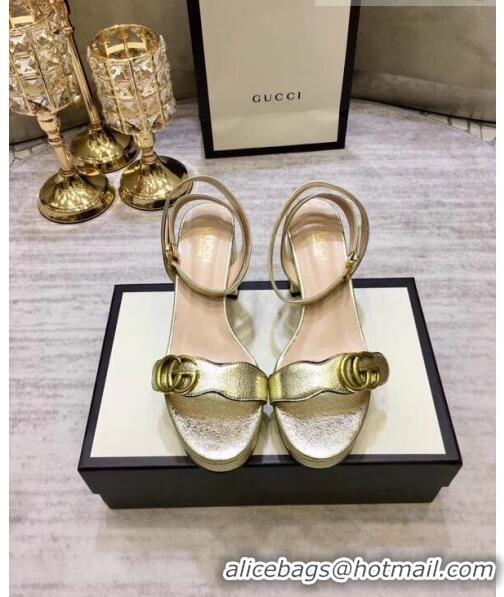 Inexpensive Gucci Leather Platform Sandal with Double G 573022 Light Gold 2020