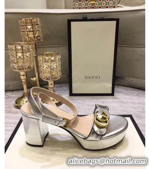 Top Quality Gucci Leather Platform Sandal with Double G 573022 Silver 2020