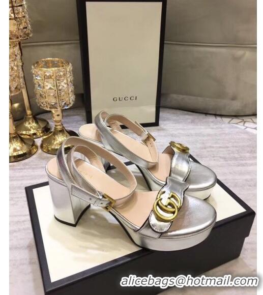 Top Quality Gucci Leather Platform Sandal with Double G 573022 Silver 2020