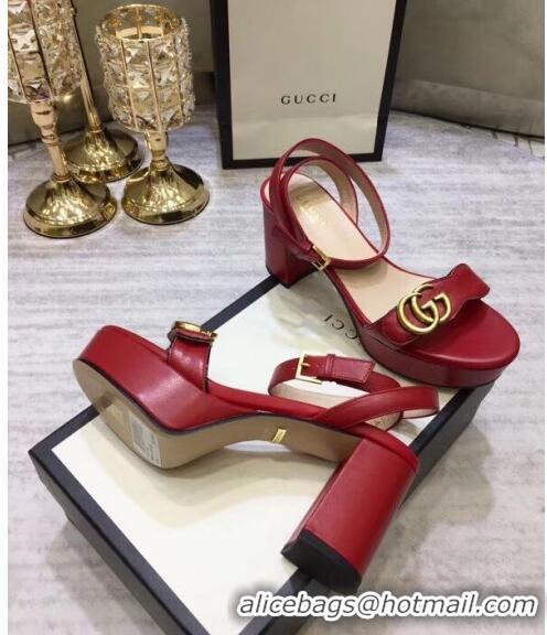 Duplicate Gucci Leather Platform Sandal with Double G 573022 Deep Red 2020