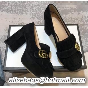 Discount Gucci Suede Leather Heel Platform Pump with Fringe 573019 Black 2019