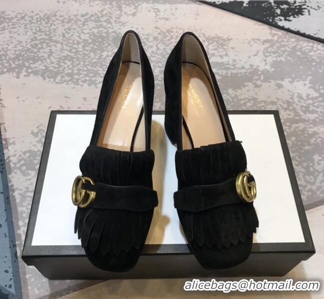 Discount Gucci Suede Leather Heel Platform Pump with Fringe 573019 Black 2019