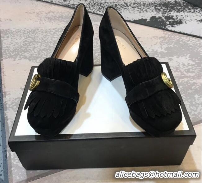 Discount Gucci Suede Leather Heel Platform Pump with Fringe 573019 Black 2019