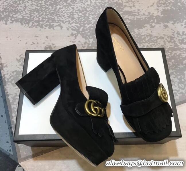 Discount Gucci Suede Leather Heel Platform Pump with Fringe 573019 Black 2019