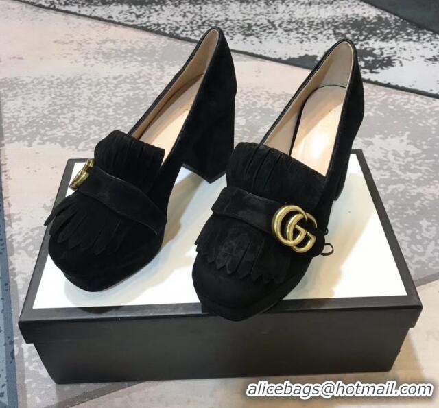 Discount Gucci Suede Leather Heel Platform Pump with Fringe 573019 Black 2019