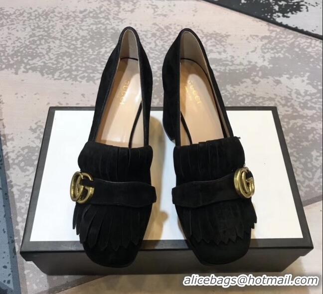 Discount Gucci Suede Leather Heel Platform Pump with Fringe 573019 Black 2019