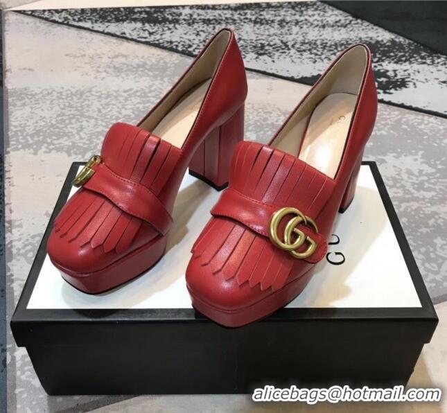 Classic Gucci Calfskin Leather Heel Platform Pump with Fringe 573019 Red 2019