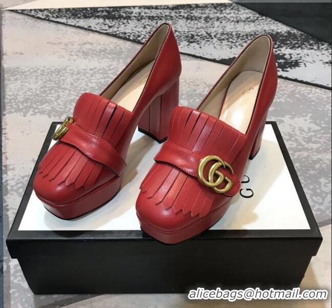 Classic Gucci Calfskin Leather Heel Platform Pump with Fringe 573019 Red 2019