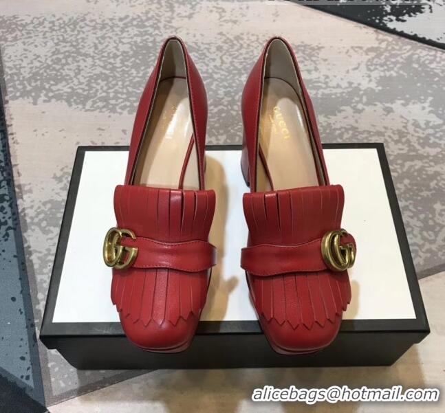 Classic Gucci Calfskin Leather Heel Platform Pump with Fringe 573019 Red 2019