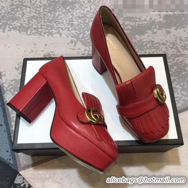 Classic Gucci Calfskin Leather Heel Platform Pump with Fringe 573019 Red 2019