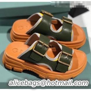 Good Quality Gucci Double Leather Straps Slide Sandal 602177 Deep Green 2020