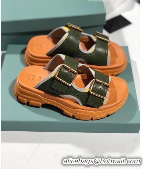 Good Quality Gucci Double Leather Straps Slide Sandal 602177 Deep Green 2020