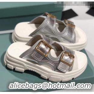 Imitation Gucci Double Leather Straps Slide Sandal 602177 Silver 2020