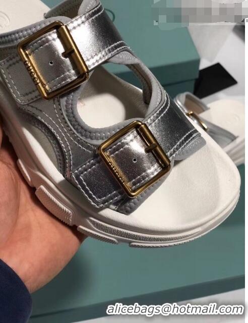 Imitation Gucci Double Leather Straps Slide Sandal 602177 Silver 2020