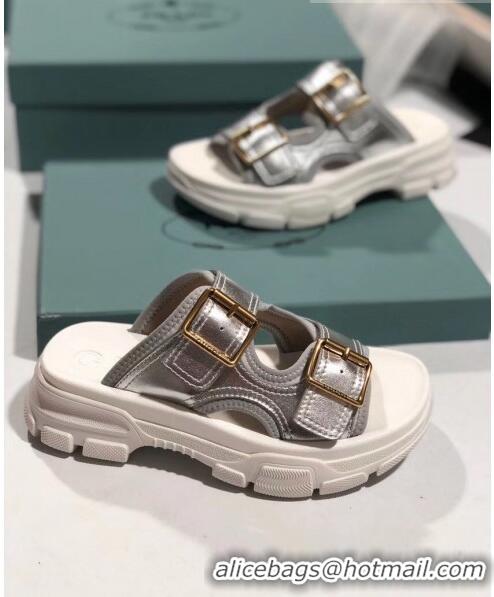 Imitation Gucci Double Leather Straps Slide Sandal 602177 Silver 2020