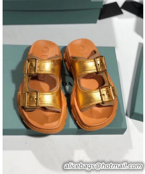 Top Design Gucci Double Leather Straps Slide Sandal 602177 Gold 2020