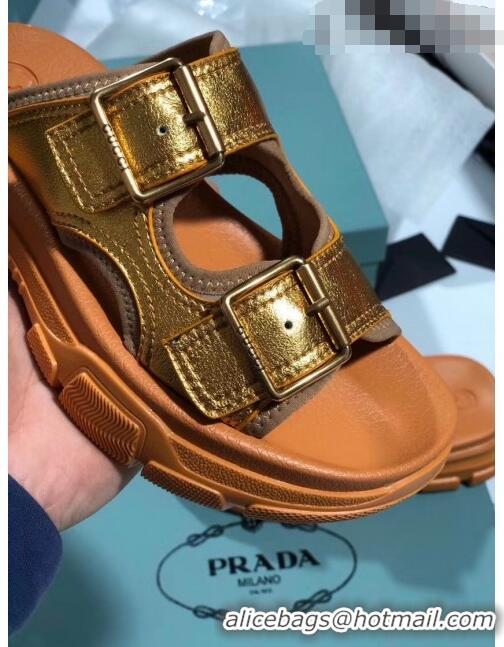 Top Design Gucci Double Leather Straps Slide Sandal 602177 Gold 2020