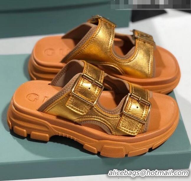 Top Design Gucci Double Leather Straps Slide Sandal 602177 Gold 2020