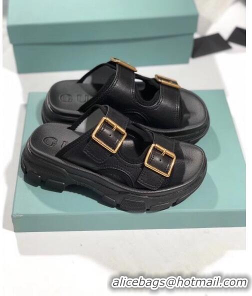 Good Product Gucci Double Leather Straps Slide Sandal 602177 Black 2020