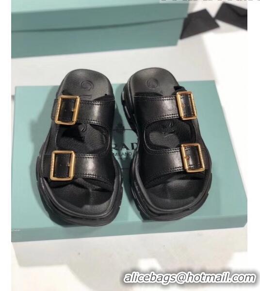 Good Product Gucci Double Leather Straps Slide Sandal 602177 Black 2020