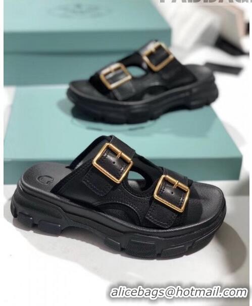 Good Product Gucci Double Leather Straps Slide Sandal 602177 Black 2020