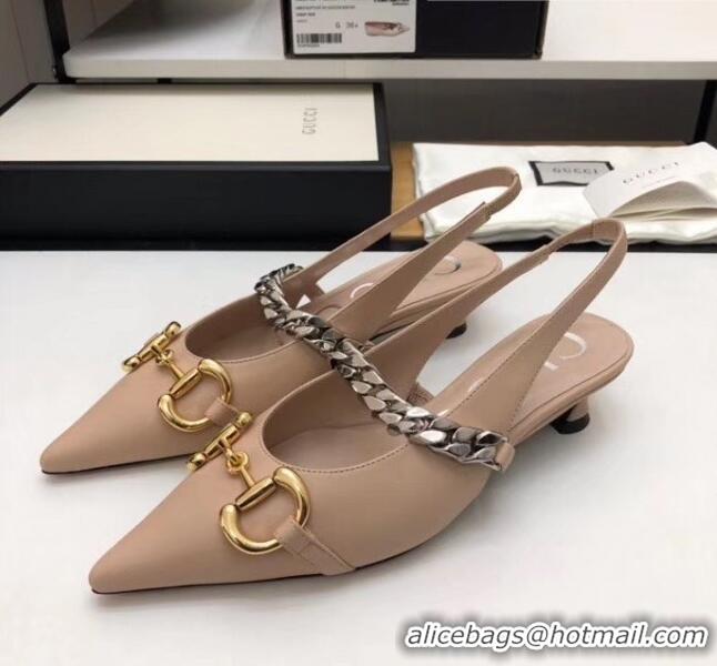 Famous Faux Gucci Lambskin Chain Sling-back Pump with Horsebit And Spool heel 616596 Nude 2020