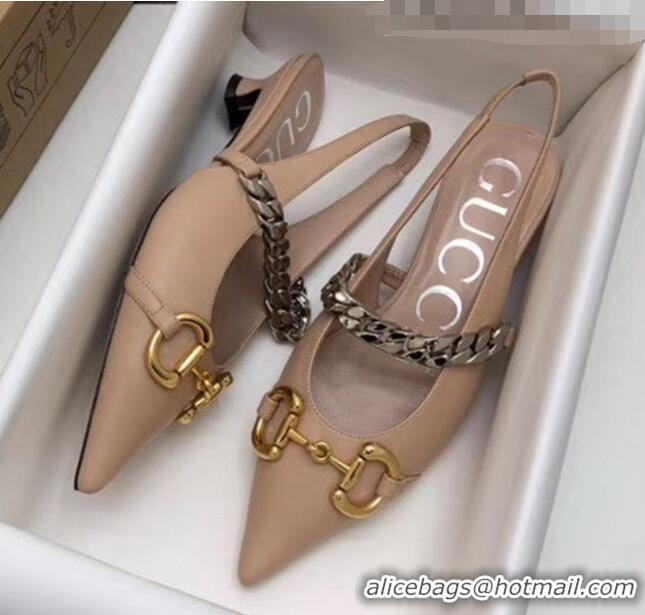 Famous Faux Gucci Lambskin Chain Sling-back Pump with Horsebit And Spool heel 616596 Nude 2020